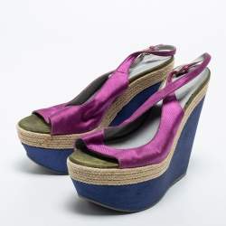 Sergio Rossi Purple Fabric Open Toe Wedge Platform Slingback Sandals Size 41