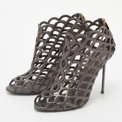 Pre Owned Sergio Rossi Grey Leather Cut Out Caged Open Toe Ankle Booties Size 39