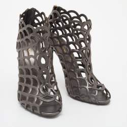 Pre Owned Sergio Rossi Grey Leather Cut Out Caged Open Toe Ankle Booties Size 39