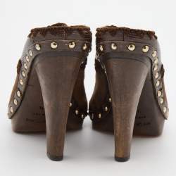 Sergio Rossi Brown Lizard Embossed Leather and Suede Studded Platform Mules Size 37.5