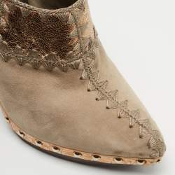 Pre Owned Sergio Rossi Grey/Gold Suede and Textured Leather Studded Pointed Toe Mules Size 38