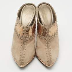 Pre Owned Sergio Rossi Grey/Gold Suede and Textured Leather Studded Pointed Toe Mules Size 38