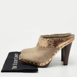 Pre Owned Sergio Rossi Grey/Gold Suede and Textured Leather Studded Pointed Toe Mules Size 38
