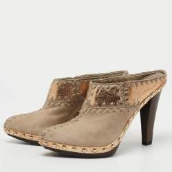 Pre Owned Sergio Rossi Grey/Gold Suede and Textured Leather Studded Pointed Toe Mules Size 38