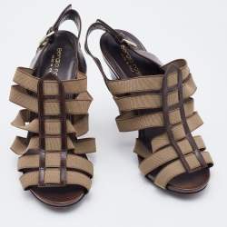 Sergio Rossi Brown/Olive Leather and Elastic Strappy Sandals Size 37