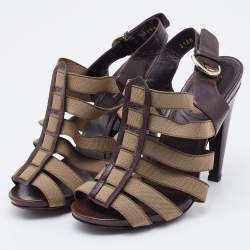 Sergio Rossi Brown/Olive Leather and Elastic Strappy Sandals Size 37