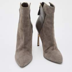 Pre Owned Sergio Rossi Grey Suede and Leather Ankle Length Boots Size 38