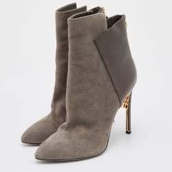 Pre Owned Sergio Rossi Grey Suede and Leather Ankle Length Boots Size 38
