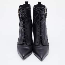 Pre Owned Sergio Rossi Black Leather Buckle Detail Lace Up Ankle Length Boots Size 39