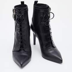 Pre Owned Sergio Rossi Black Leather Buckle Detail Lace Up Ankle Length Boots Size 39