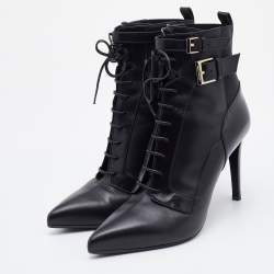 Pre Owned Sergio Rossi Black Leather Buckle Detail Lace Up Ankle Length Boots Size 39
