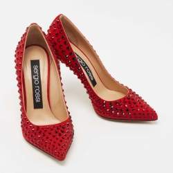 Pre Owned Sergio Rossi Red Suede Studded Pointed Toe Pumps Size 35.5