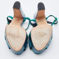 Pre Owned Sergio Rossi Blue/Green Suede and Python Leather Platform T-Strap Sandals Size 38