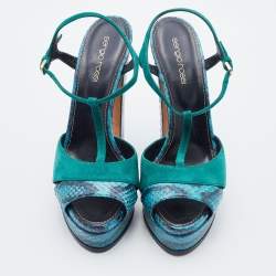Pre Owned Sergio Rossi Blue/Green Suede and Python Leather Platform T-Strap Sandals Size 38