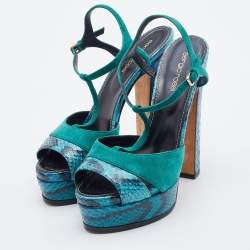 Pre Owned Sergio Rossi Blue/Green Suede and Python Leather Platform T-Strap Sandals Size 38