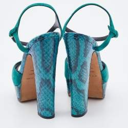 Pre Owned Sergio Rossi Blue/Green Suede and Python Leather Platform T-Strap Sandals Size 38