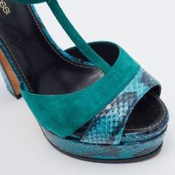 Pre Owned Sergio Rossi Blue/Green Suede and Python Leather Platform T-Strap Sandals Size 38