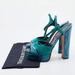 Pre Owned Sergio Rossi Blue/Green Suede and Python Leather Platform T-Strap Sandals Size 38