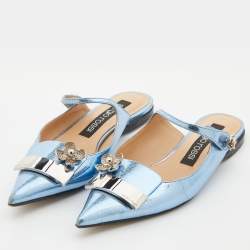Pre Owned Sergio Rossi Metallic Blue Textured Leather Flower Detail Flat Mules Size 38