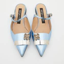 Pre Owned Sergio Rossi Metallic Blue Textured Leather Flower Detail Flat Mules Size 38