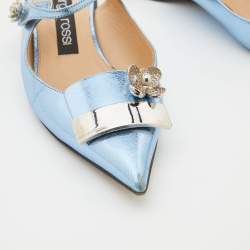 Pre Owned Sergio Rossi Metallic Blue Textured Leather Flower Detail Flat Mules Size 38