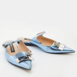 Pre Owned Sergio Rossi Metallic Blue Textured Leather Flower Detail Flat Mules Size 38