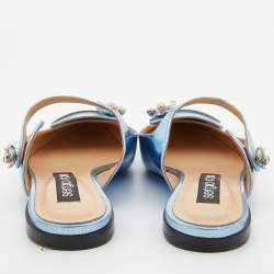 Pre Owned Sergio Rossi Metallic Blue Textured Leather Flower Detail Flat Mules Size 38