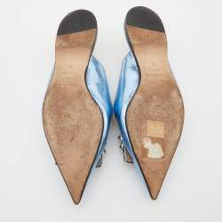 Pre Owned Sergio Rossi Metallic Blue Textured Leather Flower Detail Flat Mules Size 38