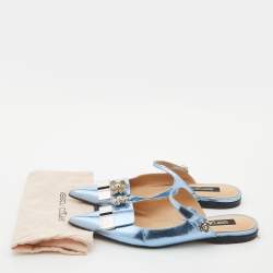 Pre Owned Sergio Rossi Metallic Blue Textured Leather Flower Detail Flat Mules Size 38