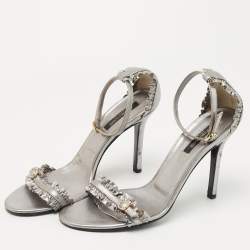 Sergio Rossi Metallic Grey Ruffle Leather Ankle Strap Sandals Size 40