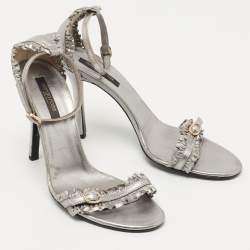 Sergio Rossi Metallic Grey Ruffle Leather Ankle Strap Sandals Size 40