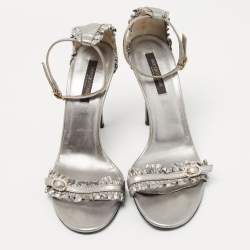 Sergio Rossi Metallic Grey Ruffle Leather Ankle Strap Sandals Size 40