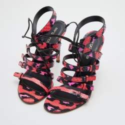 Sergio Rossi Pink/Black Python Leather Ankle Tie Up Strappy Sandals Size 36