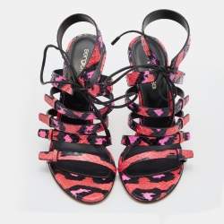 Sergio Rossi Pink/Black Python Leather Ankle Tie Up Strappy Sandals Size 36