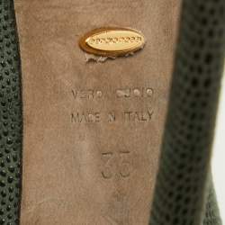 Pre Owned Sergio Rossi Dark Green Textured Suede Peep Toe Platform Pumps Size 35