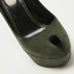 Pre Owned Sergio Rossi Dark Green Textured Suede Peep Toe Platform Pumps Size 35