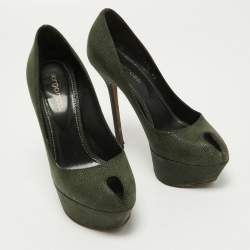 Pre Owned Sergio Rossi Dark Green Textured Suede Peep Toe Platform Pumps Size 35