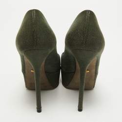 Pre Owned Sergio Rossi Dark Green Textured Suede Peep Toe Platform Pumps Size 35