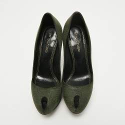 Pre Owned Sergio Rossi Dark Green Textured Suede Peep Toe Platform Pumps Size 35