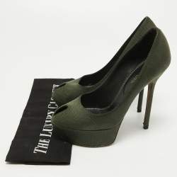 Pre Owned Sergio Rossi Dark Green Textured Suede Peep Toe Platform Pumps Size 35