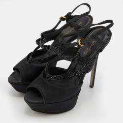 Sergio Rossi Black Satin and Leather Crystal Embellished Platform Sandals Size 36.5