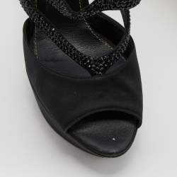 Sergio Rossi Black Satin and Leather Crystal Embellished Platform Sandals Size 36.5