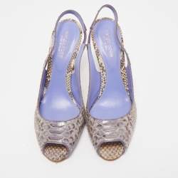 Pre Owned Sergio Rossi Two Tone Python Leather Peep Toe Slingback Sandals Size 39