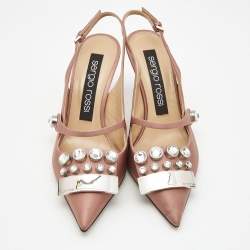 مملوكة مسبقًا Sergio Rossi Pink Satin Crystal Studded Slingback Pumps Size 38