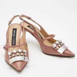 مملوكة مسبقًا Sergio Rossi Pink Satin Crystal Studded Slingback Pumps Size 38