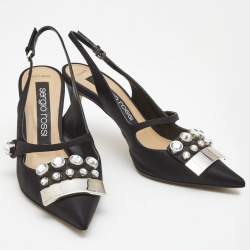 Pre Owned Sergio Rossi Black Satin Crystal Studded Slingback Pumps Size 38