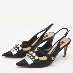 Pre Owned Sergio Rossi Black Satin Crystal Studded Slingback Pumps Size 38