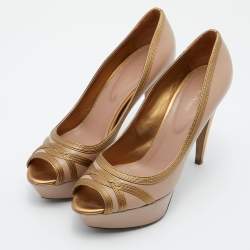 Sergio Rossi Pink/Gold Leather Peep Toe Platform Pumps Size 40.5