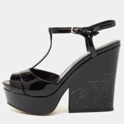 Pre Owned Sergio Rossi Black Patent Leather Wedge Sandals Size 35