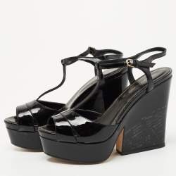 Pre Owned Sergio Rossi Black Patent Leather Wedge Sandals Size 35